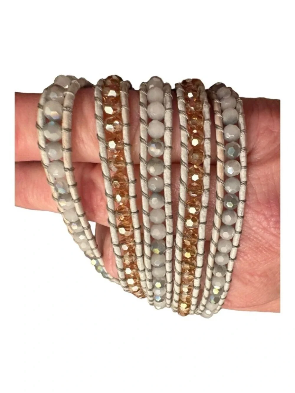 Victoria Emerson Leather Wrap Bracelet Quartz Crystal Beads 36